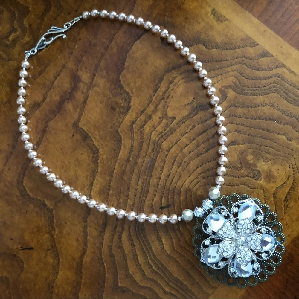 Handcrafted repurpose floral stone filigree pendant Czech glass Pearl necklace